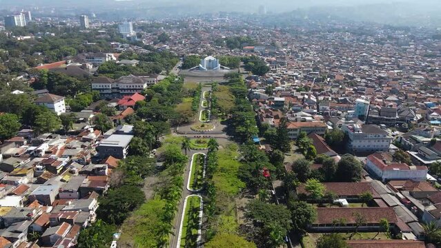 Aerial view of Monument to the Struggle (Monumen Perjuangan), Landmark of Bandung, monument with Garuda, Indonesia national emblem and motto, Unity in Diversity (Bhineka Tunggal Ika)