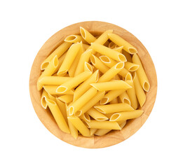 Pile of raw macaroni in wood bowl on transparent png