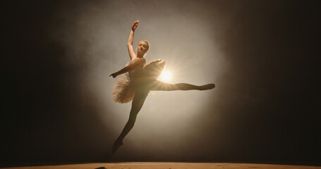 Beautiful caucasian ballerina gracefully dancing and spinning on stage, spotted by white light, isolated on smoked black background  © andreybiling