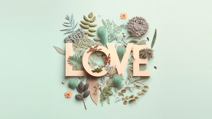 Creative flat lay of word love on soft green color background with natural plants