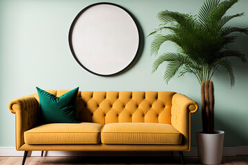 Interior design of a retro living room wall mockup. Generative AI