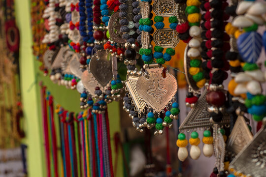 Beautiful Bengali traditional jewelery, works of handicraft, for sale during Handicraft Fair in Kolkata. Selective focus.