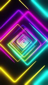 Flying through quadrilaterals painted with multicolored light. Vertical looped video