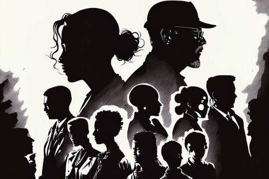 multicultural and multiethnic society and people. group of families. Diverse individuals in a group silhouetted from the side. Crowd. connecting and communicating with others from diverse cultures