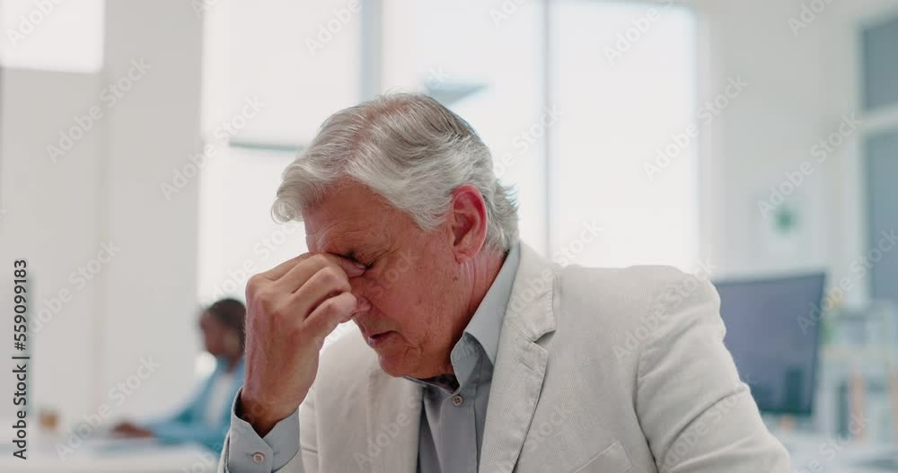 Canvas Prints Stress, headache and senior businessman by computer reading sales email in office workplace. Mental health, burnout and tired elderly male employee with migraine, fatigue or depression from overwork.