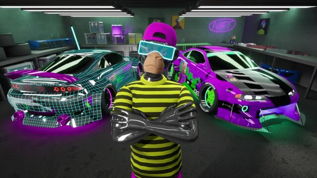Looped presentation of NFT Ape avatar with tuned car on background. NFT 3d bored ape with neon low modified drift car in metaverse garage. Digital art loop. Non-fungible Token.	
