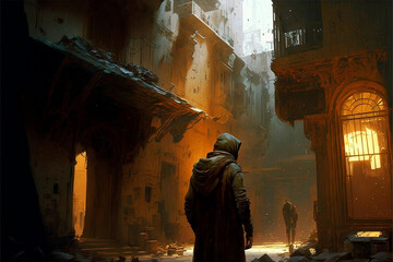 A traveler in an old abandoned city. Ruins and ruins. Steampunk style. High quality illustration