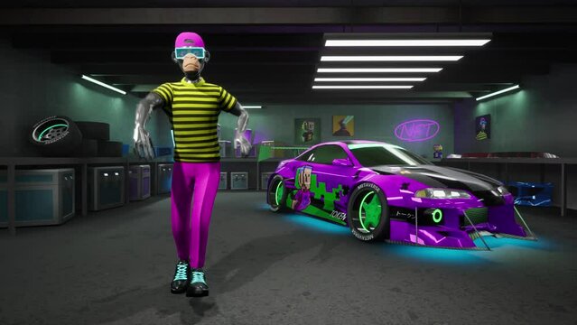 Looped presentation of dancing NFT Ape avatar with tuned car on background. NFT 3d bored ape with neon low modified drift car in metaverse garage. Digital art loop. Non-fungible Token.	