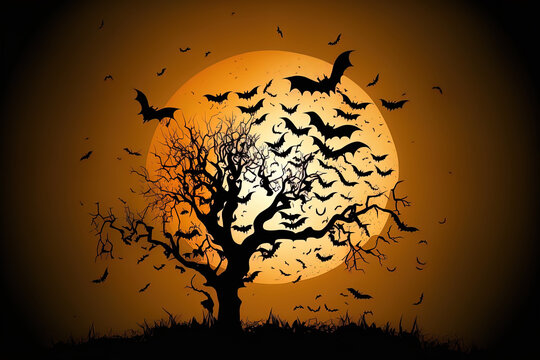 Halloween themed drawing with flying bats. Generative AI