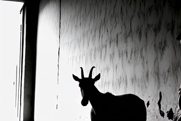 Goat in front of a wall and behind some people. Generative AI