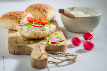 Fresh sandwich with crunchy bread, radish and fromage cheese.
