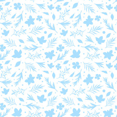 Seamless pattern with blue flowers and leaves on a white background. Plants.

