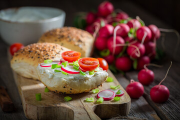 Fresh and tasty sandwich with cherry tomatoes and fromage cheese.