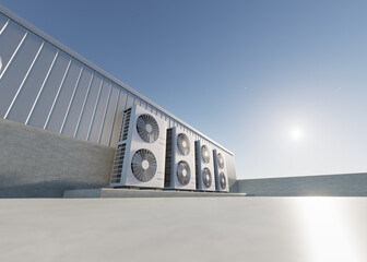 3d rendering of condenser unit or compressor on rooftop of industrial plant, factory. Unit of ac or...