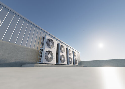 3d rendering of condenser unit or compressor on rooftop of industrial plant, factory. Unit of ac or air conditioner, hvac or heating ventilation and air conditioning system. Motor, pump and fan inside