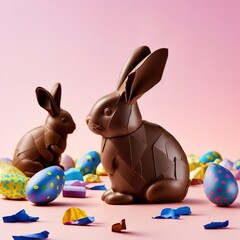 chocolate easter bunny and eggs on pink background, generative ai