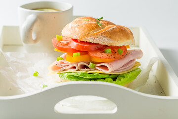 Tasty and fresh sandwich made of ingredients for breakfast.