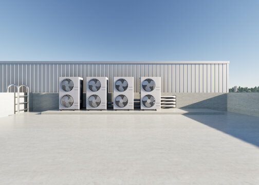 3d rendering of condenser unit or compressor on rooftop of industrial plant, factory. Unit of ac or air conditioner, hvac or heating ventilation and air conditioning system. Motor, pump and fan inside