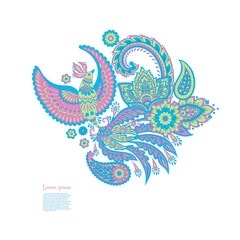 Flying Bird and Floral Paisley isolated. Card with paisley isolated for design. Floral vector pattern. Embroidery floral vector pattern.