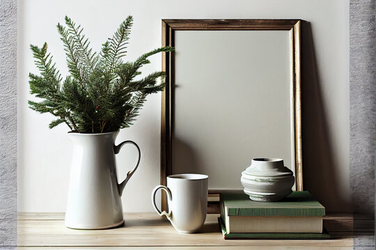 Christmas Scandinavian interior, Minimal winter artistic composition. Blank vertical wooden picture frame mockup. Pine tree branches in vase on table, desk - generative ai © Infinite Shoreline