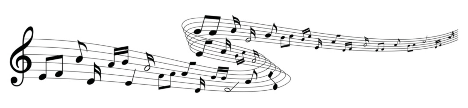 Musical Note Wave. Music Notes Melody On White Background. Sheet Music Notes Of Tune Bass And Treble.