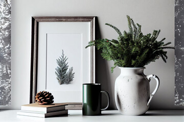 Christmas Scandinavian interior, Minimal winter artistic composition. Blank vertical wooden picture frame mockup. Pine tree branches in vase on table, desk - generative ai