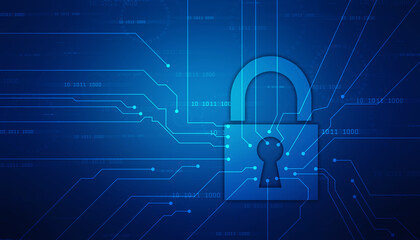 Digital Padlock on abstract technology background, Technology security concept. Modern safety digital background. Protection system, Cyber Security and safety information, personal data concept