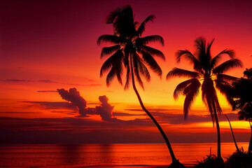 Plakat Beautiful colorful sunset on tropical ocean beach with coconut palm trees silhouettes - generative ai