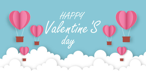 illustration of love and valentine day with heart baloon ,floating in cloud Paper cut style. Vector
