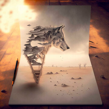 Wolf in the desert beautiful 3d sketch with colored elements. The drawing goes off the paper. High quality illustration