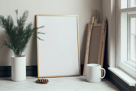 Festive Christmas home decor. Blank vertical wooden picture frame mockup, tiled floor. Pine tree branches, vase, cup of coffee and old books. White hall background. Gift wrapping paper - generative ai