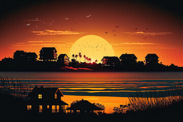 Overlooking a seaside town at sunset are house silhouettes. Generative AI
