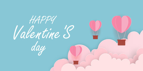 illustration of love and valentine day with heart baloon ,floating in cloud Paper cut style. Vector