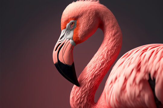 Pink flamingo close up portrait. Generative AI.