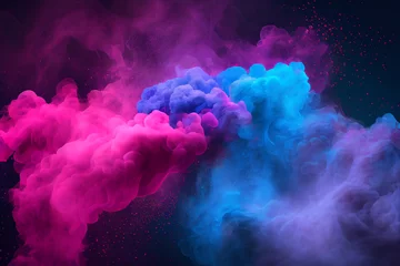 Zelfklevend Fotobehang Neon blue and purple multicolored smoke puff cloud design elements on a dark background - generative ai © Infinite Shoreline