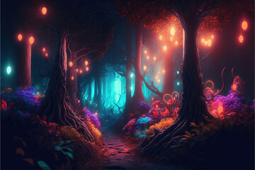 Fantasy magical forest with colorful lights , Generative AI