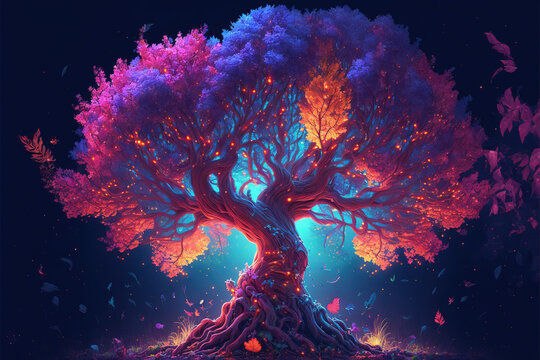 Magical fantasy tree with colorful leaves, Generative AI
