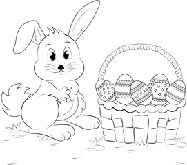 Easter bunny and a basket of eggs. Childrens coloring book