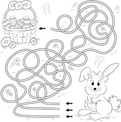 Little rabbit and decorated Easter eggs in a basket. Maze game for kids. coloring book