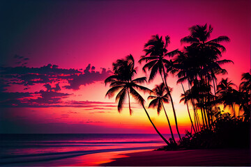 Beautiful colorful sunset on tropical ocean beach with coconut palm trees silhouettes - generative ai - obrazy, fototapety, plakaty