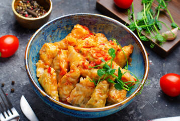 Homemade Cabbage rolls with meat, rice and vegetables also known as sarma, golubtsy, dolma on Rustic Background