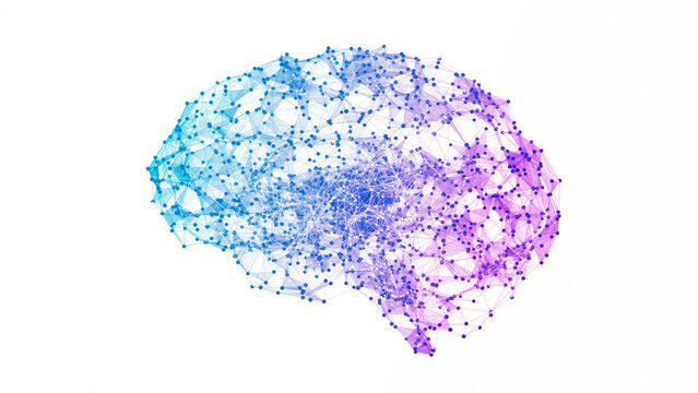 Abstract geometric brain with network connections. 3D render illustration isolated on white background