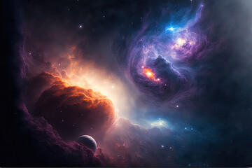 Fototapeta na wymiar Cosmos background with nebula clouds and stars at night. Generative AI