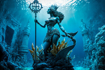 atlantis underwater scene, the magic ocean lady, beautiful young woman with long hair on the ground of the ocean, deep blue sea with mysterious lights, fictional person created with generative ai - obrazy, fototapety, plakaty