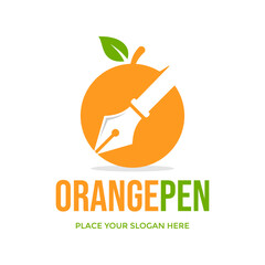 Orange pen vector logo template. This design use orange and pen symbol. Suitable for food, writer, study.