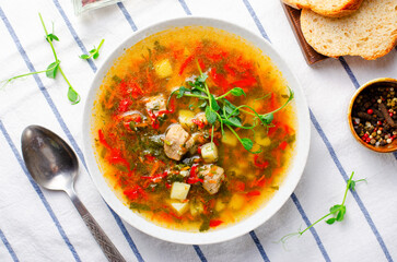 Homemade Soup with Meat and Vegeatbles, Turkey Soup in a Bowl, Comfort Food