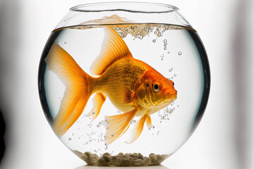 Naklejka na ściany i meble A goldfish swimming freely in a fishbowl on a white backdrop. taken using a 5D Mark III in a studio. Generative AI