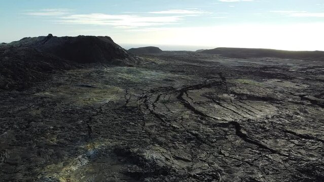 Fly over a cooled lava field. Volcano Fagradalsfjall, Reykjanes, Iceland