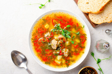Homemade Soup with Meat and Vegeatbles, Turkey Soup in a Bowl, Comfort Food