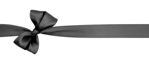 Nœud de ruban de satin pour paquet cadeau de couleur noir, isolé sur du fond transparent.	